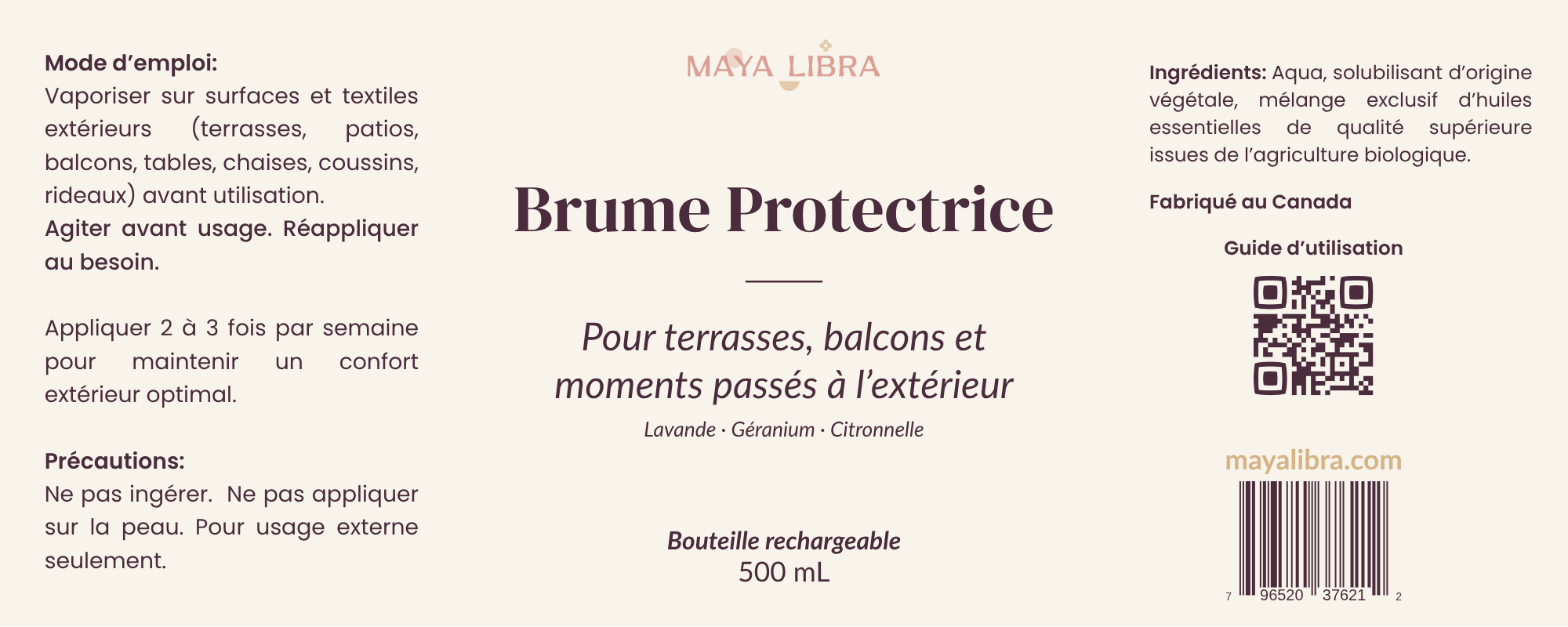 Brume Protectrice pour l'Extérieur à Base d'Huiles Essentielles - 500ml - Maya Libra