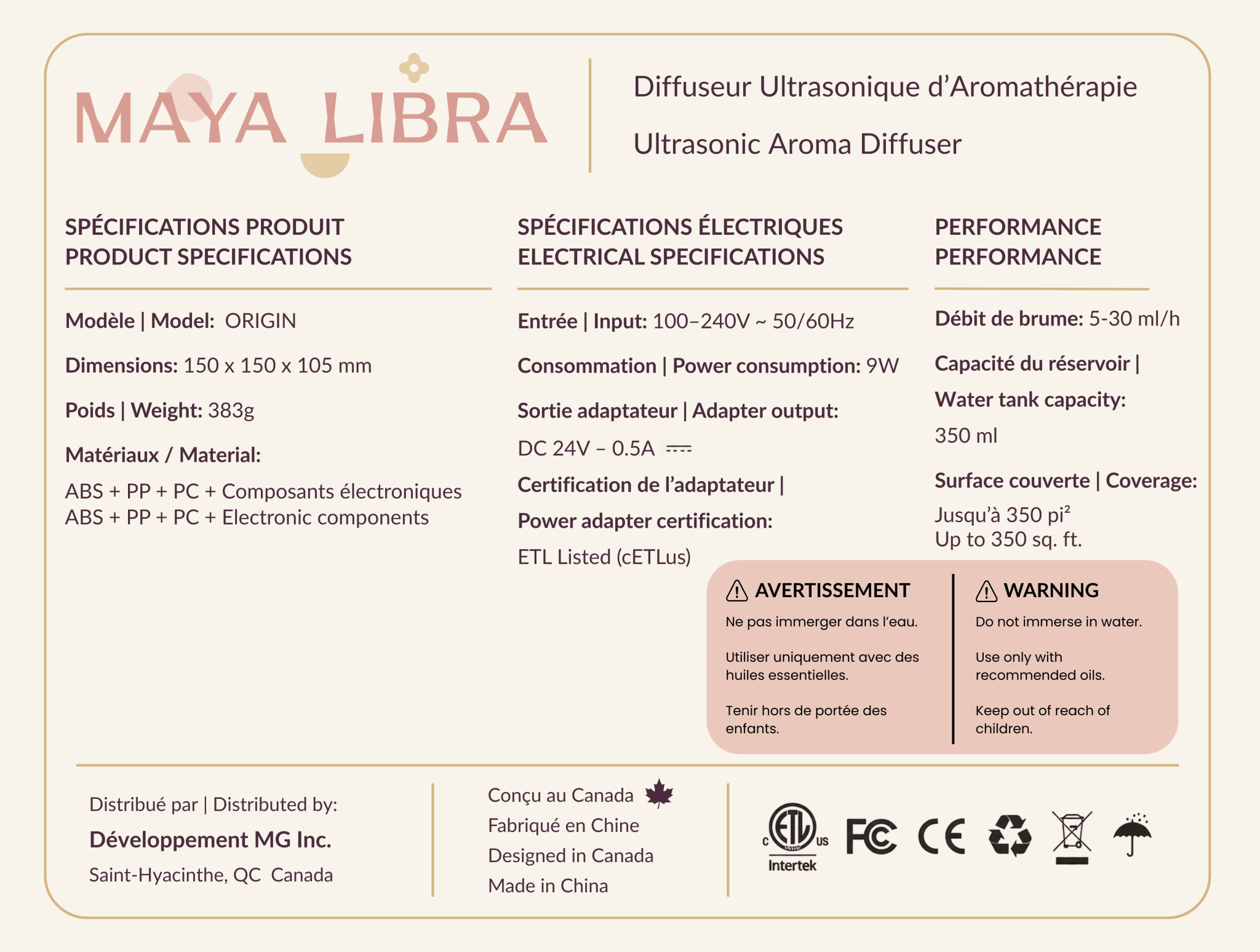 Diffuseur d'aromathérapie ORIGIN - Maya Libra