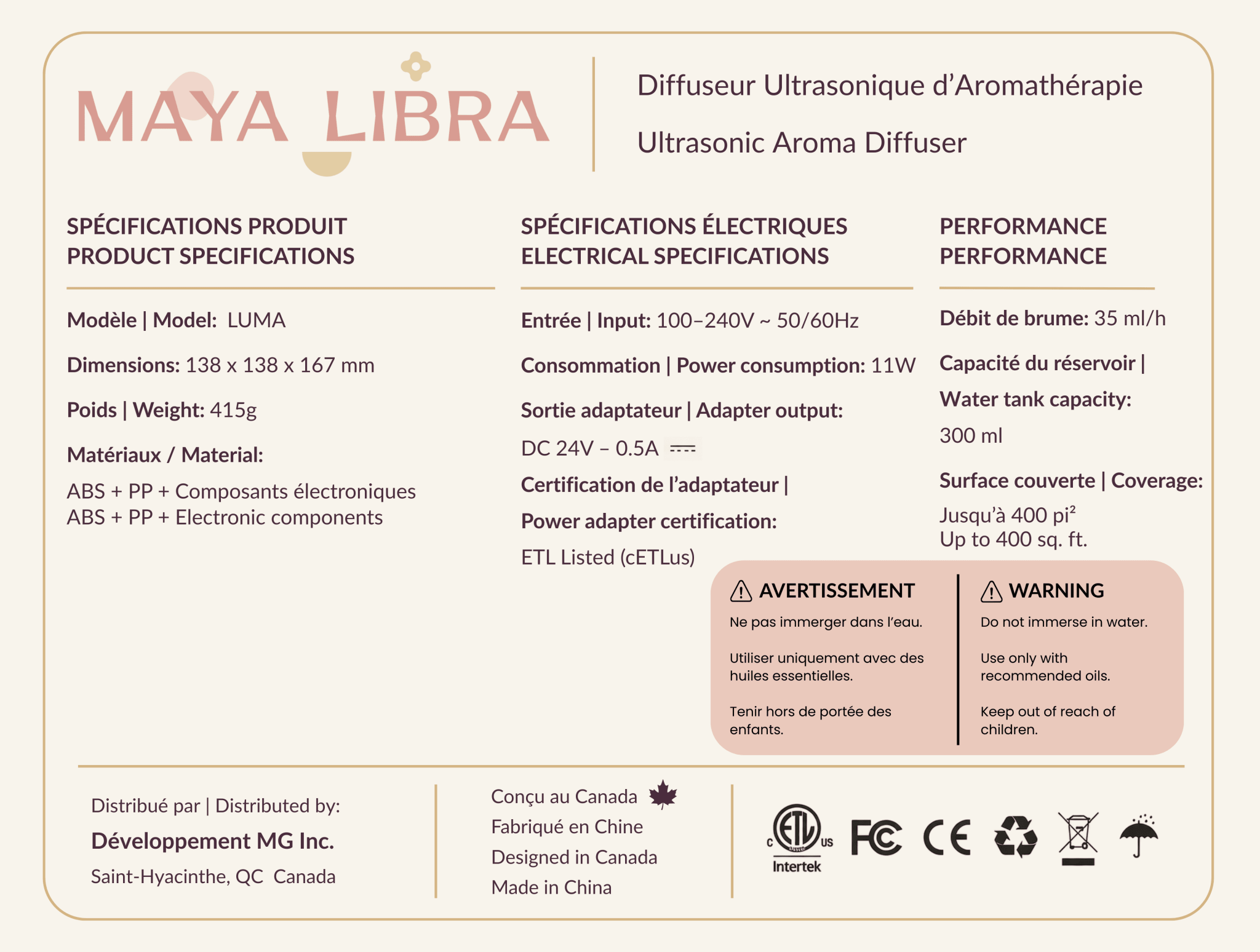 Diffuseur d'aromathérapie LUMA - Maya Libra